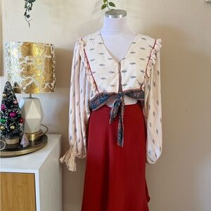 BOG collective Bohemian Red and Cream Tie-Front Blouse